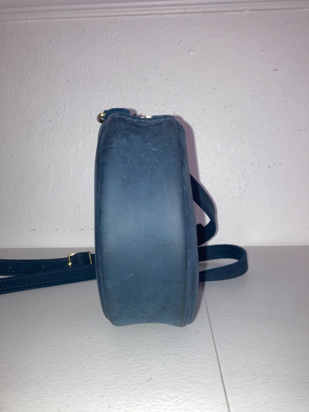 Portland Leather Round Crossbody Bag Dark Blue Firm Leather, fair condition - Picture 11 of 12